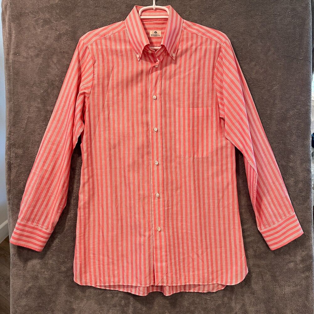 Men's Luigi Borrelli Napoli Linen Cotton Coral Stripe Dress Shirt Size 16.5 42